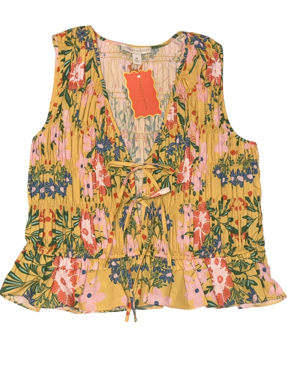 Chelsea & Violet Natalie Blouse Floral Smocked Tie-Front Sleeveless Top - Yellow